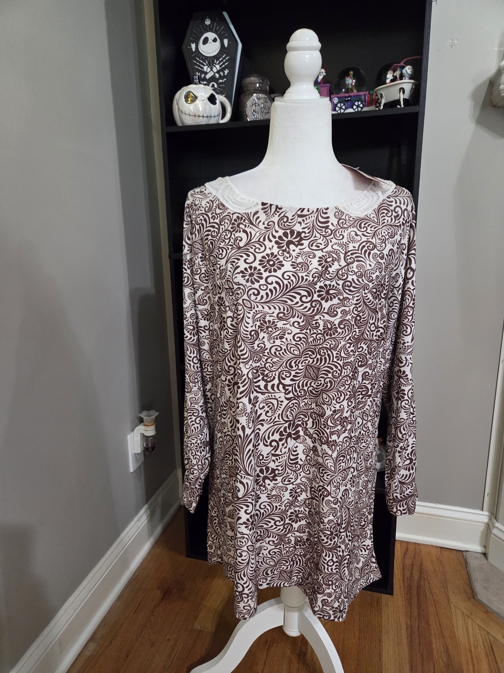 Cream & Brown Floral Print Long-Sleeve Tunic Top